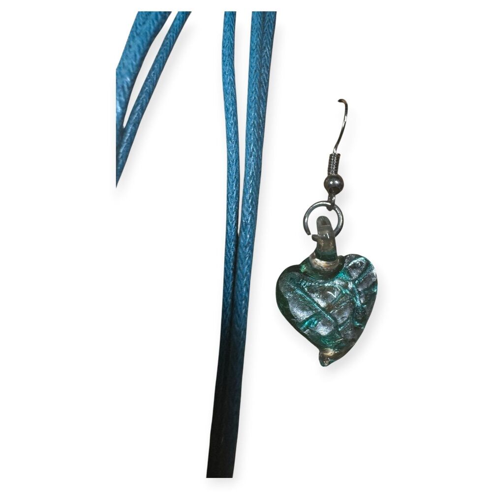 Aqua Blue Glass Heart Shaped Pendant Necklace w/ Matching Heart Shaped Earrings - Picture 2 of 6